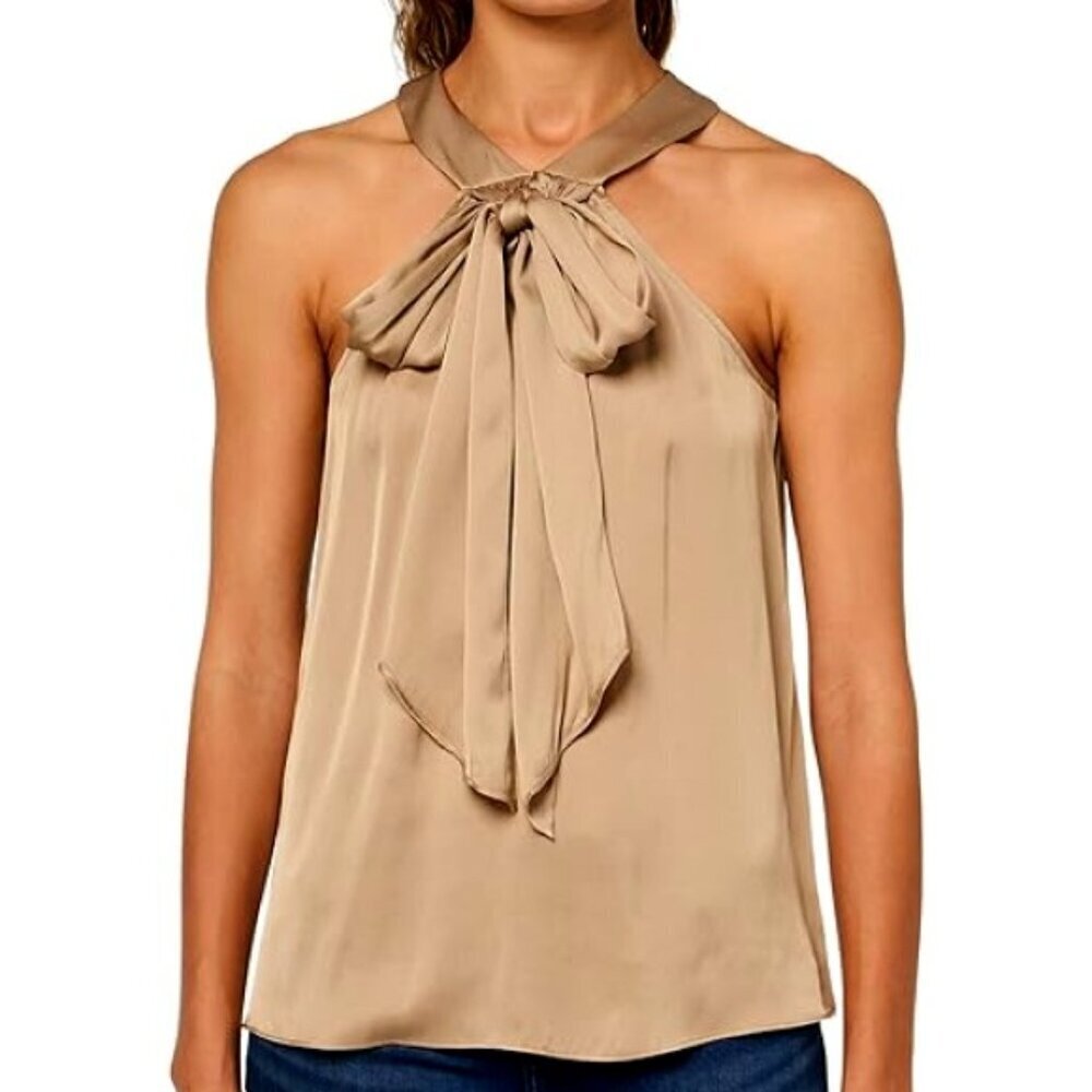 Trina Turk 'Mallie' Sleeveless Silk-Satin Bow Halter Top, Gold